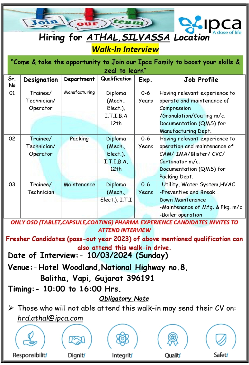 IPCA Laboratories - Walk-In Interviews for Multiple Departments on 10th Mar 20241